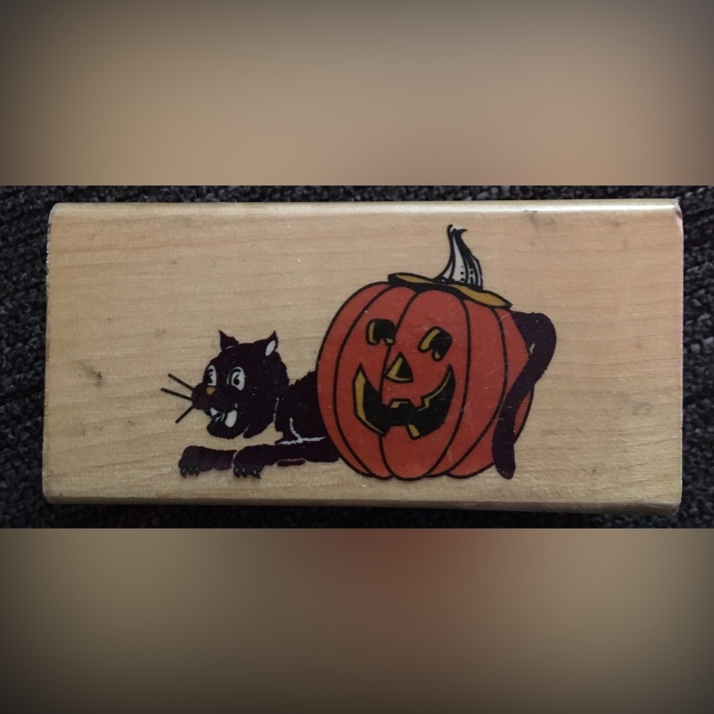 Cat and Pumpkin Wooden Stamper